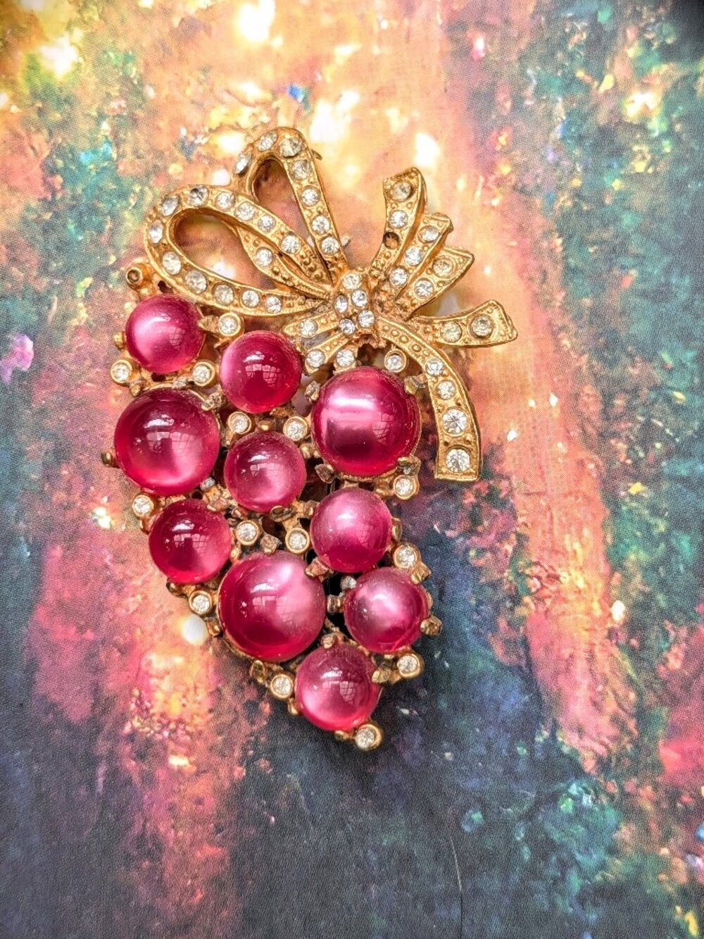 Vintage 3" Grape Cluster Brooch with Pink Moonglow & Rhinestones, AS IS